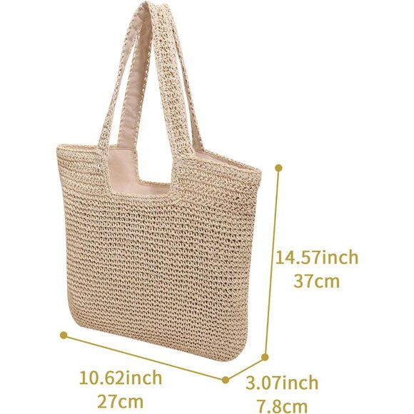 Women Beige Weaving Casual Retro With Zipper Closure Soft Large Shoulder Handbag - Picture 2 of 7